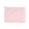 A durable flat makeup bag in a soft pink shade with a gold zip and a small charm.