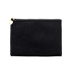 A black durable flat makeup bag with a zip closure and a gold accent. Features a smooth, soft texture.