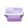A reusable silicone food storage container in purple with a clear lid and utensil included. Features a logo.