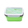 A reusable silicone food storage container in green with a clear lid and a grey seal. It has a branding logo.