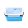 A reusable silicone food storage container in blue, featuring a clear lid and a secure closure mechanism.