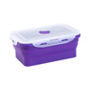 A collapsible silicone food storage container in purple with a transparent lid and a logo.
