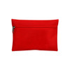 A red pouch with a zip closure, featuring a textured surface and a logo. Ideal for storing first aid items.