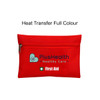 A red pouch with a zipper featuring a logo and text related to first aid.