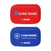 A red and a blue hard shell first aid kit case, each with a logo and white first aid text.