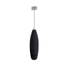 A black milk frother with a stainless steel whisk attachment and a sleek ergonomic design.