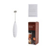 A white milk frother with a whisk attachment, beside its packaging and an instruction manual.