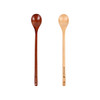 Two long handle wooden spoons in different shades, one dark brown and the other light yellow, with branding on the handles.