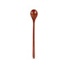 A long handle wooden spoon in a rich brown hue, featuring a smooth, rounded spoon head and a slender, elongated handle.