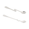 A silver hanging cup spoon set with two differently shaped spoons, featuring a logo on one side.