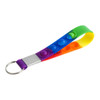 A colourful popper stress reliever keyring with green, purple, red, and orange segments, featuring a metal keyring attachment.