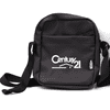 A black messenger bag with a shoulder strap and a logo on the front, featuring a zippered compartment and an additional pocket.