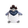 A Kookaburra plush toy in brown, white, and grey, wearing a blue bandana with festive text.