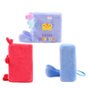 A plush block toy in purple and red with an O ring. Features playful monster details and soft textures.