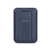 A navy PU magnetic card holder features a phone stand and has a sleek, textured design with a metallic accent.