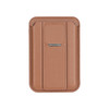 A brown PU magnetic card holder featuring a phone stand, designed with a sleek and minimalistic look.