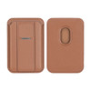 A PU magnetic card holder in a warm tan colour featuring a phone stand at the back and a logo.