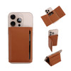 A brown PU magnetic wallet attached to a smartphone, displaying card slots and a foldable design.