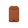 A brown PU magnetic card holder with a sleek design and a cut-out base. Features a textured surface.