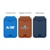 Three PU magnetic card holders in blue, brown, and navy, featuring different printing options and a logo on each.