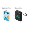 A 10000mAh power bank in white with a colourful design and a black model, both featuring a charging cable and branding.