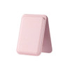 A pink foldable magnetic card holder with a built-in phone stand. It has a sleek design and includes a branded logo.