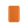 An orange PU magnetic phone card holder with a smooth finish and a stitched border. It features a logo.