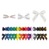 A collection of hair clip bows in various colours, including white, blue, green, and red, with some featuring patterns and text.