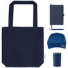 A navy tote bag, blue cap, notebook, pen, and drink tumbler, all featuring branding.