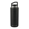 A black insulated drink bottle with a silver accent and a handle, featuring a logo on the front.