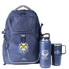 A navy blue backpack, a stainless steel drink bottle, and a drink tumbler, all featuring logos.