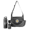 A black shoulder bag with a logo, containing a drink bottle and a cup, both in grey.