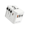 A white 35W GaN universal travel adapter with multiple USB ports and a logo on one side.