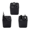 A compact black travel adapter featuring multiple plug types for international use, with an attached logo.