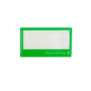 A green reusable acrylic name badge with a clear window and a logo on the bottom.