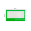 A green reusable acrylic name badge with a rectangular shape and a logo at the bottom. It has a transparent area for custom names.