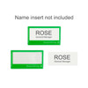 A green reusable acrylic name badge with a transparent section for name inserts. It has a logo on the front.