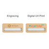 A set of reusable wooden name badges featuring light wood colour, with a logo on each and a clear insert area.
