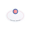A white oval PVC name badge featuring a logo, red outlines, and space for custom text.