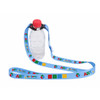 A drink bottle with a red cap attached to a light blue lanyard featuring colourful designs and a logo.