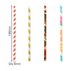 A collection of four custom disposable 4-ply straight angled paper straws in red and white, gold, patterned, and colourful designs.