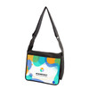 A black messenger bag with a colourful abstract design and a shoulder strap, featuring a logo on the front.