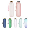 A drink bottle in various colours, including green, blue, pink, and white, with a metal lid and a carrying strap.