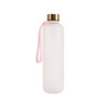 A drink bottle in a frosted pink finish with a gold lid and a pink strap, featuring a logo.