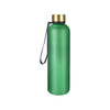 A drink bottle in a matte green finish with a gold cap and a carrying strap. It includes a logo.