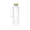 A drink bottle in translucent white with a gold lid and a strap, featuring a logo on the side.