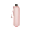 A drink bottle in a matte pink finish with a stainless steel lid and a strap for easy carrying.