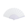 A white paper hand-held fan with a ribbed design and a circular grip at the base. It features a logo.
