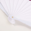 A white paper hand-held fan with a spiral handle, featuring multiple slats fanned out.