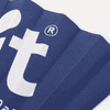 A blue paper hand-held fan featuring white text and a logo, folded for easy storage.